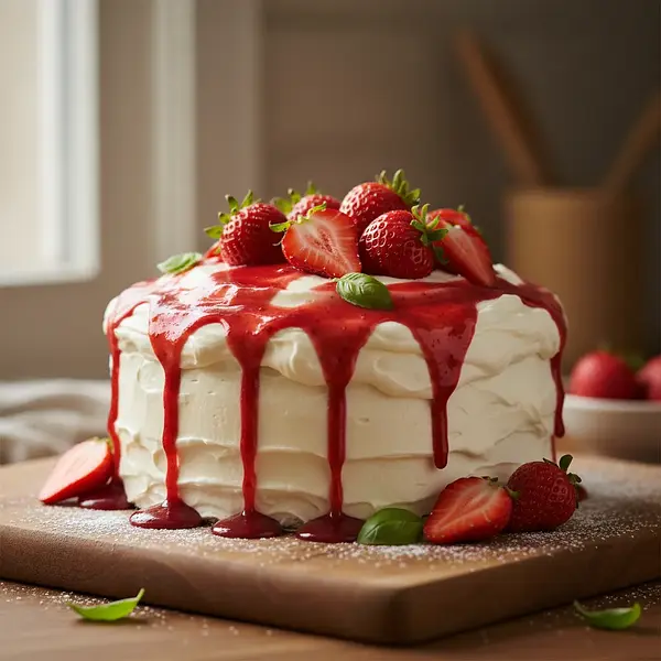 Fluffy Vanilla Sponge Cake with Mascarpone Cream and Strawberry Basil Syrup