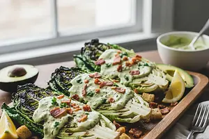 Grilled romaine lettuce hearts with creamy avocado Caesar dressing and crispy bacon