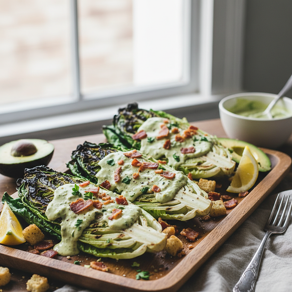 Grilled romaine lettuce hearts with creamy avocado Caesar dressing and crispy bacon