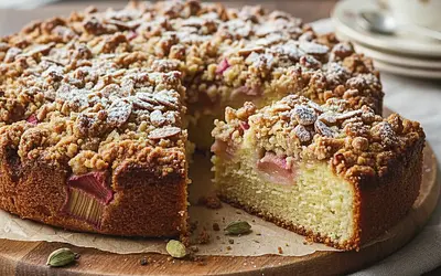 Buttermilk Cake with Rhubarb and Almond Crumble with a Hint of Cardamom