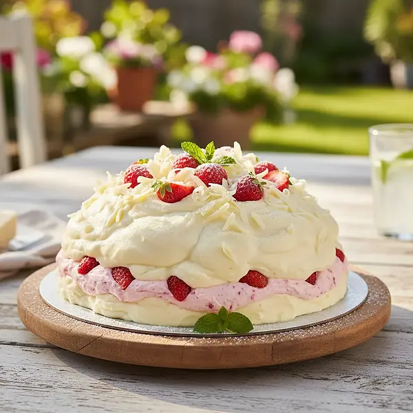 Tort 'Letnia Chmurka' z musem truskawkowym i białą czekoladą
