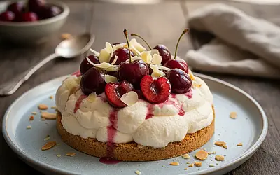Velvety Cloud with Cherries and White Chocolate on an Almond Base