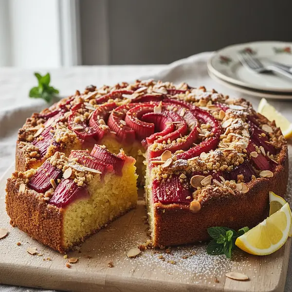 Buttery Lemon Cake with Caramelized Rhubarb and Almond Crumble