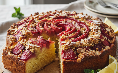 Buttery Lemon Cake with Caramelized Rhubarb and Almond Crumble