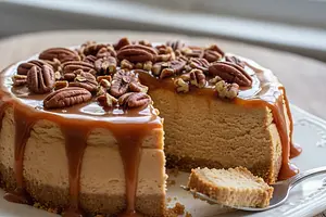 Velvety Kajmak Cheesecake with Salted Caramel and Pecans