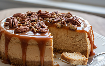 Velvety Kajmak Cheesecake with Salted Caramel and Pecans