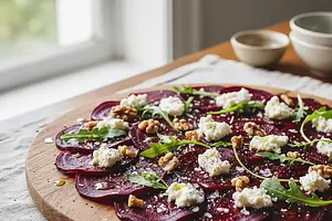 Carpaccio z Pieczonego Buraka z Kozim Serem, Rukolą i Orzechami Włoskimi