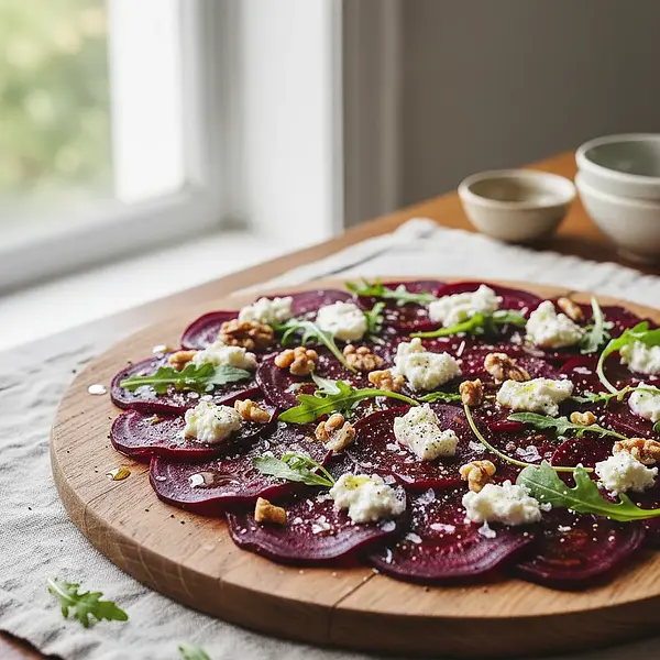 Roasted Beetroot Carpaccio with Goat Cheese, Arugula, and Walnuts