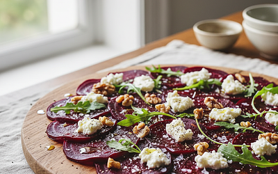 Carpaccio z Pieczonego Buraka z Kozim Serem, Rukolą i Orzechami Włoskimi