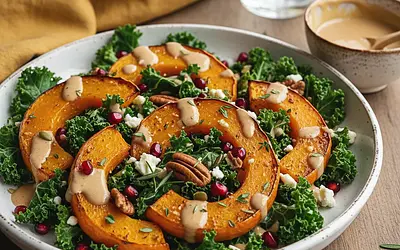 Autumn Salad with Roasted Pumpkin, Kale, and Maple-Tahini Dressing