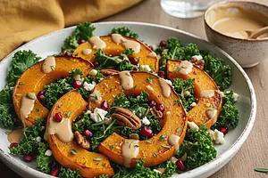 Autumn Salad with Roasted Pumpkin, Kale, and Maple-Tahini Dressing