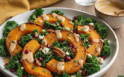 Autumn Salad with Roasted Pumpkin, Kale, and Maple-Tahini Dressing