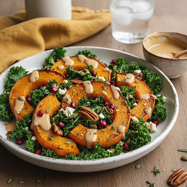 Autumn Salad with Roasted Pumpkin, Kale, and Maple-Tahini Dressing