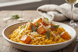 Kremowe risotto z pieczoną dynią, szałwią i serem bursztyn