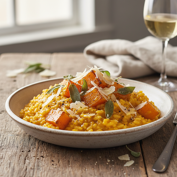 Creamy risotto with roasted pumpkin, sage, and amber cheese