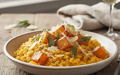 Kremowe risotto z pieczoną dynią, szałwią i serem bursztyn
