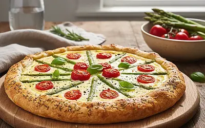 Ricotta tart with asparagus and cherry tomatoes on herbed shortcrust pastry