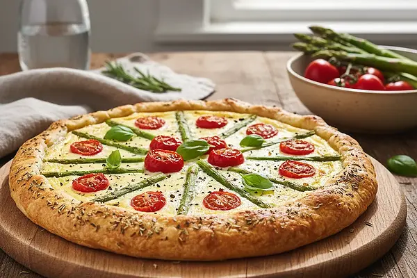 Tarta z ricottą, szparagami i pomidorkami koktajlowymi na kruchym cieście ziołowym