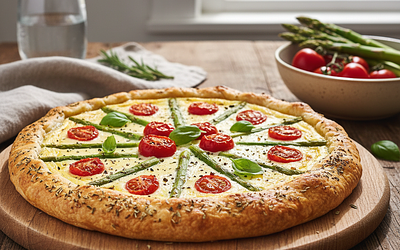 Ricotta tart with asparagus and cherry tomatoes on herbed shortcrust pastry
