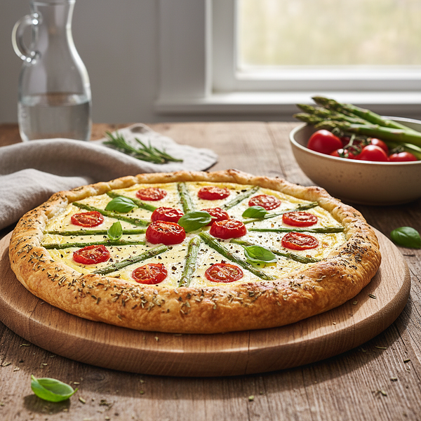 Ricotta tart with asparagus and cherry tomatoes on herbed shortcrust pastry