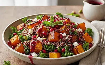 Warm salad with roasted butternut squash, quinoa, and pomegranate vinaigrette