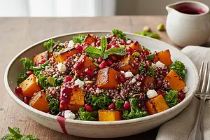 Warm salad with roasted butternut squash, quinoa, and pomegranate vinaigrette