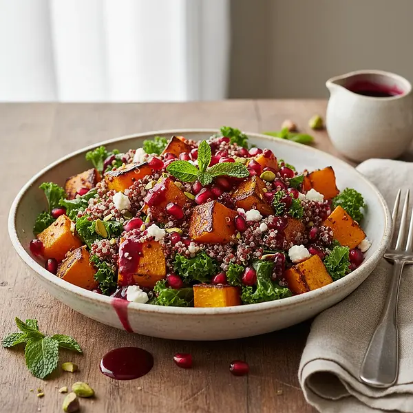 Warm salad with roasted butternut squash, quinoa, and pomegranate vinaigrette