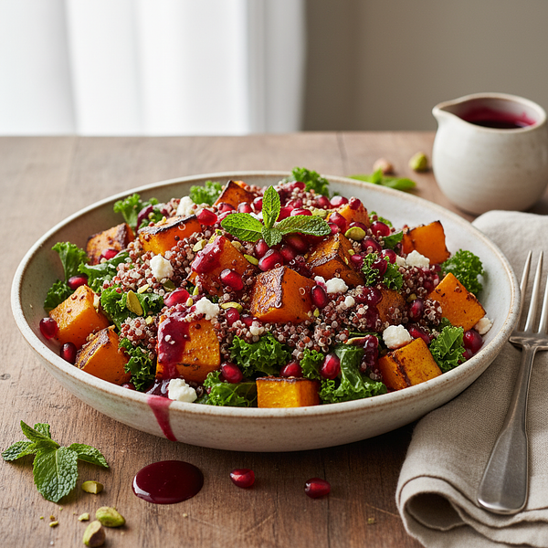 Warm salad with roasted butternut squash, quinoa, and pomegranate vinaigrette