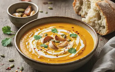 Creamy Pumpkin Soup with Roasted Garlic and Coconut Milk