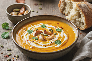 Creamy Pumpkin Soup with Roasted Garlic and Coconut Milk