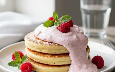 Fluffy ricotta pancakes with raspberry puree and fresh mint