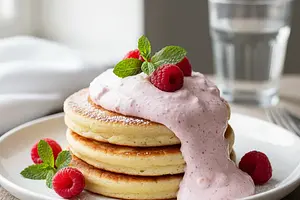 Fluffy ricotta pancakes with raspberry puree and fresh mint