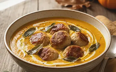 Kremowa zupa dyniowa z pieczonymi klopsikami z indyka i chrupiącą szałwią