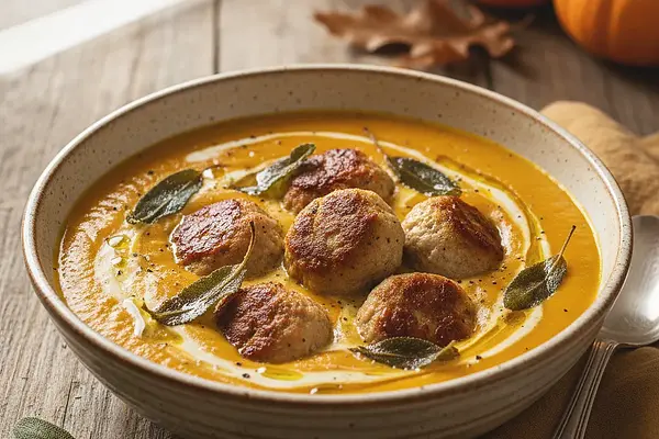 Kremowa zupa dyniowa z pieczonymi klopsikami z indyka i chrupiącą szałwią