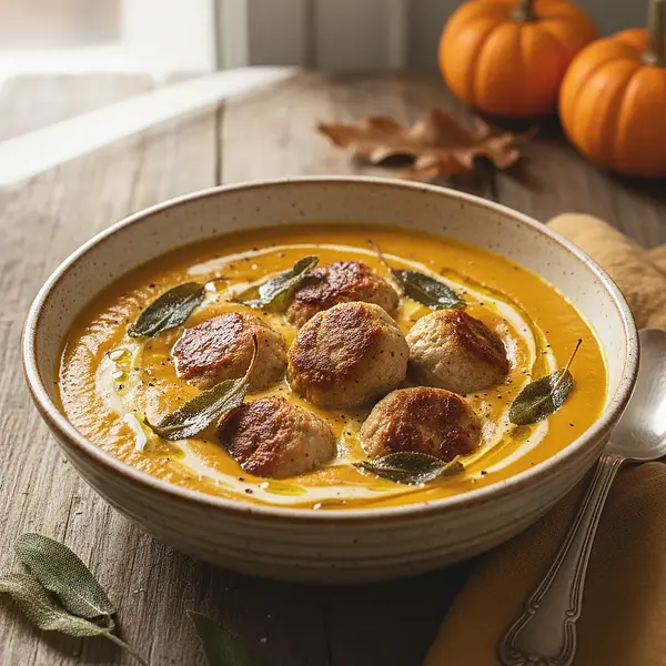 Kremowa zupa dyniowa z pieczonymi klopsikami z indyka i chrupiącą szałwią