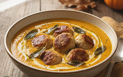 Kremowa zupa dyniowa z pieczonymi klopsikami z indyka i chrupiącą szałwią