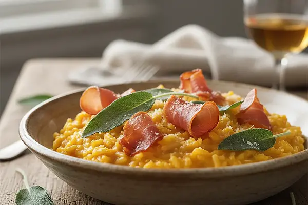 Kremowe Risotto z Dynią, Szałwią i Chrupiącym Prosciutto