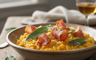 Kremowe Risotto z Dynią, Szałwią i Chrupiącym Prosciutto