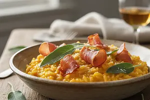Kremowe Risotto z Dynią, Szałwią i Chrupiącym Prosciutto