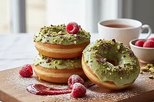 Rose-Raspberry Doughnuts with Pistachio Glaze