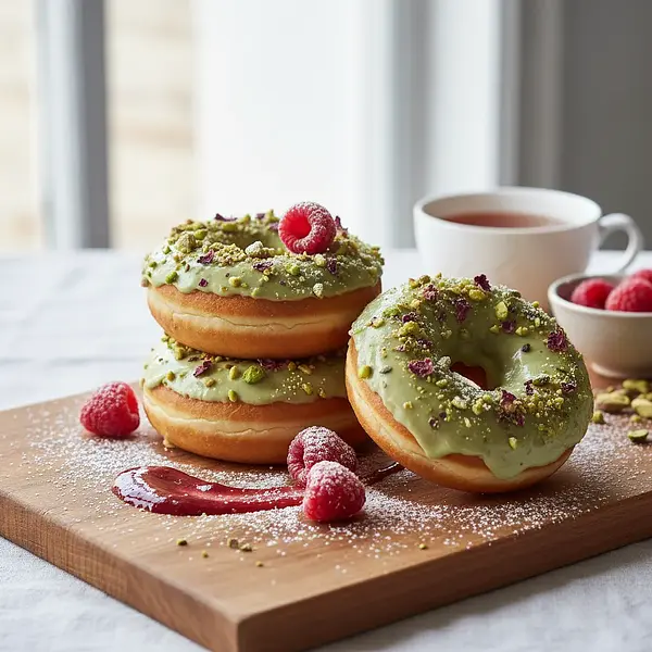 Rose-Raspberry Doughnuts with Pistachio Glaze
