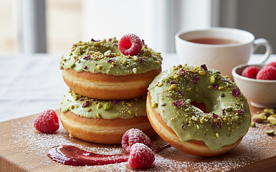 Rose-Raspberry Doughnuts with Pistachio Glaze