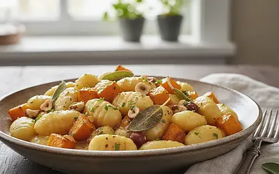 Kremowe gnocchi z palonym masłem szałwiowym, pieczoną dynią i chrupiącymi orzechami laskowymi