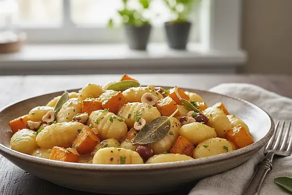 Kremowe gnocchi z palonym masłem szałwiowym, pieczoną dynią i chrupiącymi orzechami laskowymi