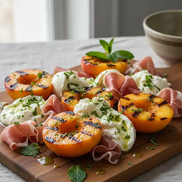 Grilled peaches with burrata, prosciutto, and mint vinaigrette