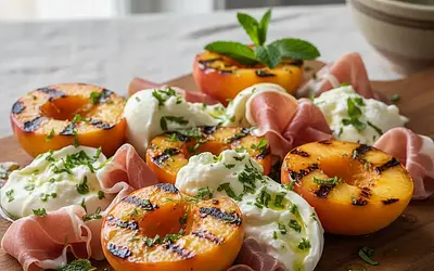 Grillowane brzoskwinie z burratą, szynką parmeńską i miętowym winegretem