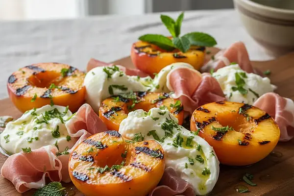 Grillowane brzoskwinie z burratą, szynką parmeńską i miętowym winegretem