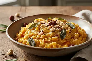 Kremowe risotto dyniowe z masłem szałwiowym i prażonymi orzechami laskowymi