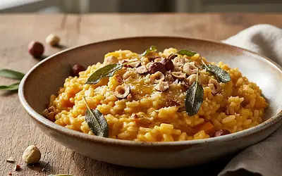 Kremowe risotto dyniowe z masłem szałwiowym i prażonymi orzechami laskowymi