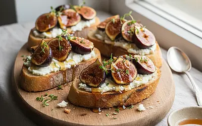 Baked figs with goat cheese, honey, and thyme on crispy toast